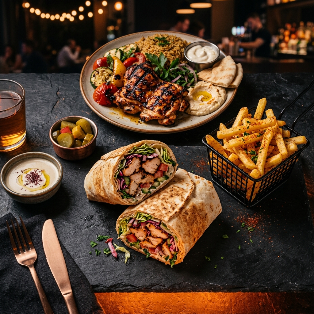 BiteRight Egyptian Shawarma, grilled chicken and fries